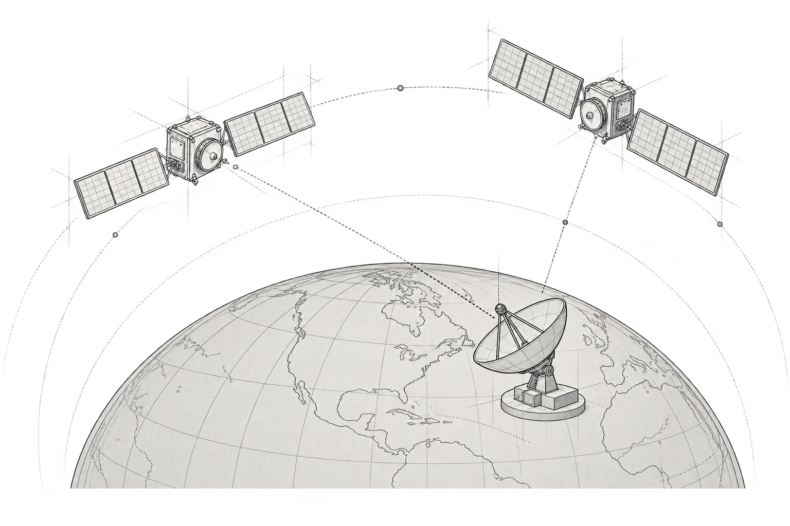 Conceptual technical illustration of satellites connected to a ground station